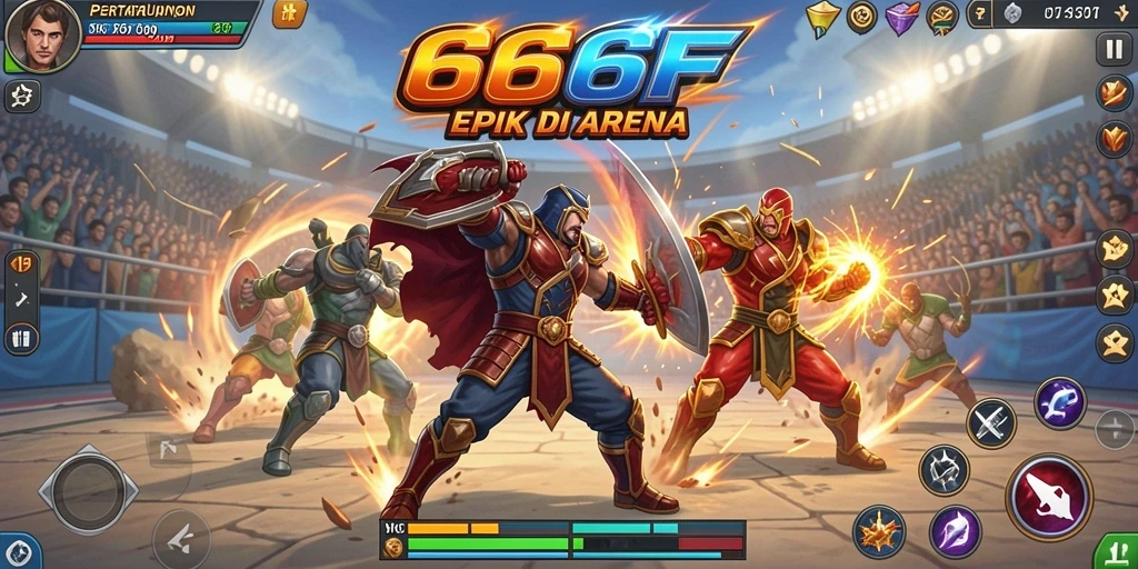 Tangkapan layar 666F menampilkan pertarungan seru di arena.