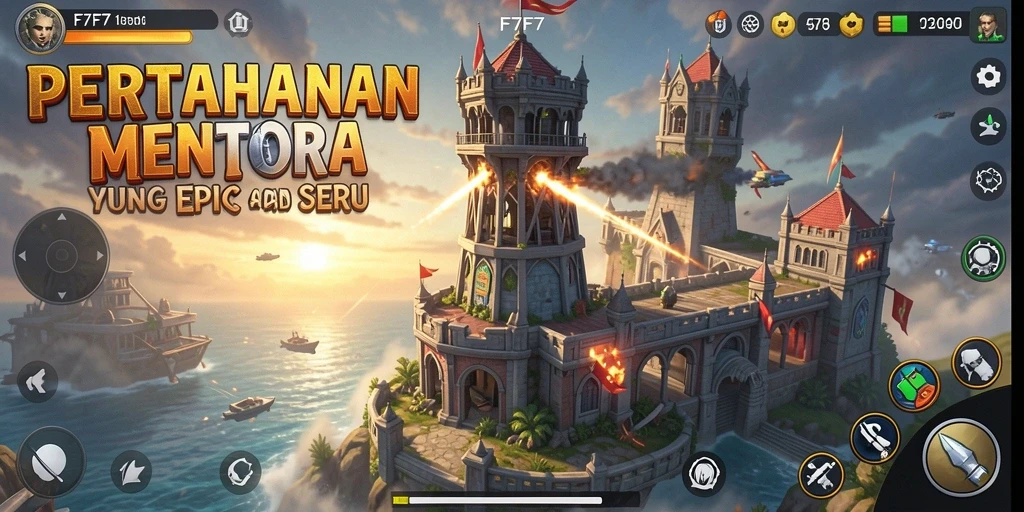 Tampilan gameplay menegangkan di F7F7 dengan menara dan musuh yang beragam.