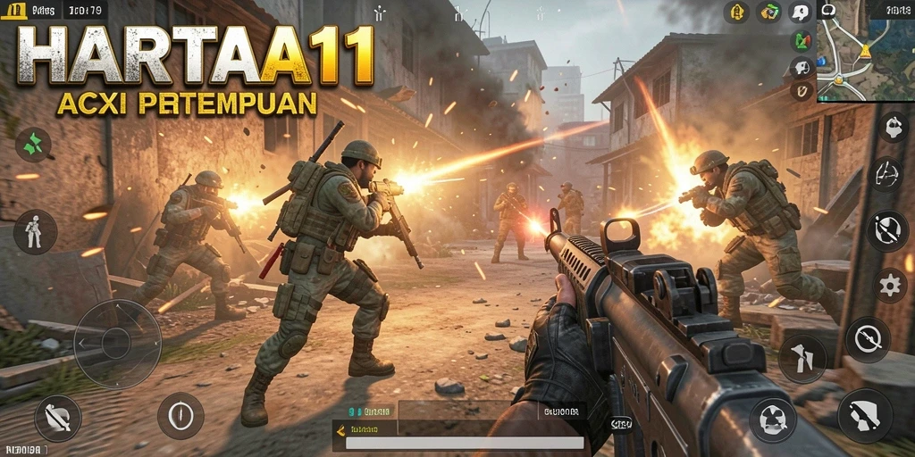 Screenshot utama HARTA11 menunjukkan aksi intens di medan perang FPS.
