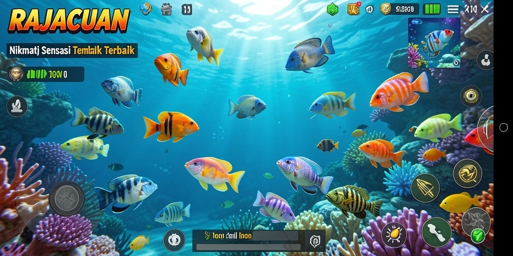 Tampilan gameplay seru dalam RAJACUAN dengan berbagai ikan menunggu untuk ditembak.