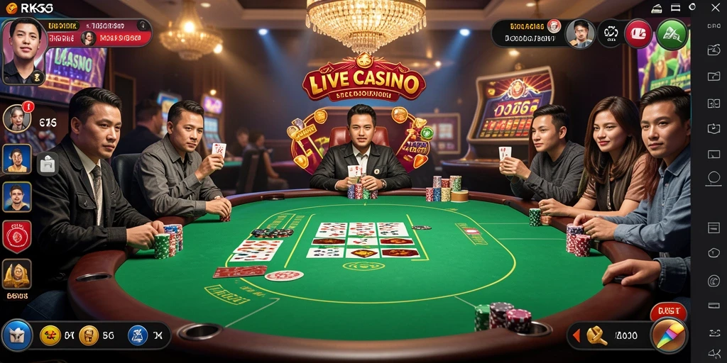 Screenshot utama RK55 menampilkan dealer cantik dalam permainan Live Casino.