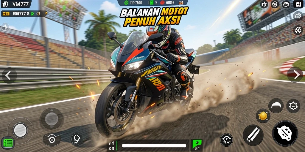 Gameplay menegangkan dalam VM777 saat balapan motor.